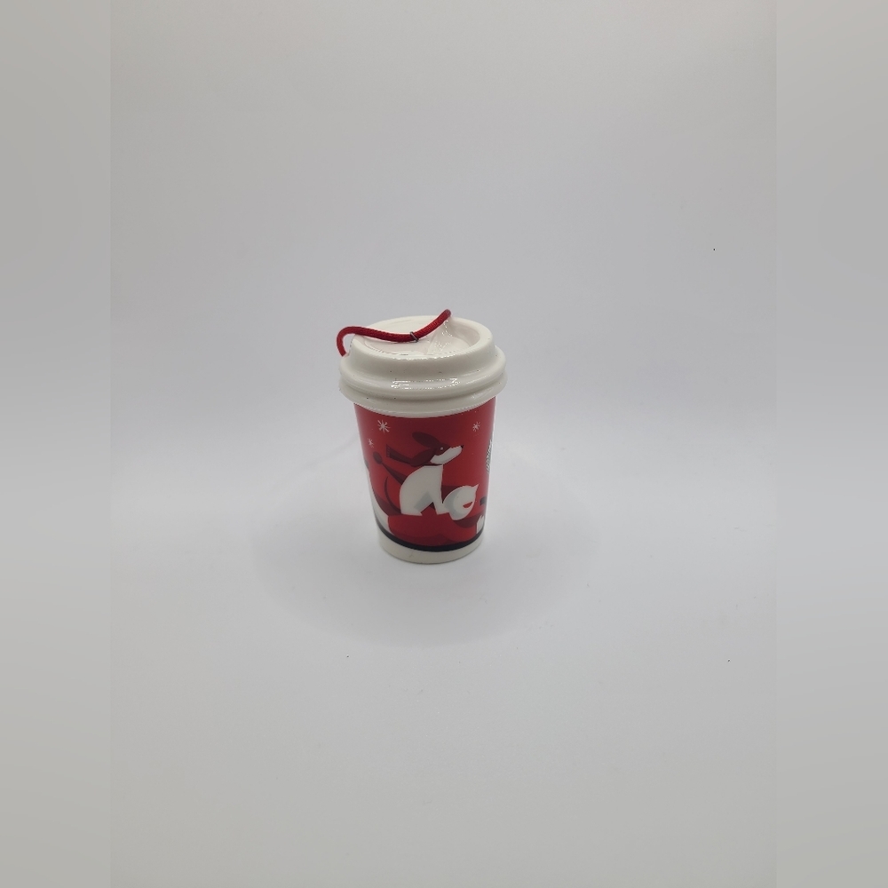 Starbucks 2.5” Ceramic Christmas Ornament Red Holiday To Go Cup Dog on Sled - Picture 3 of 4